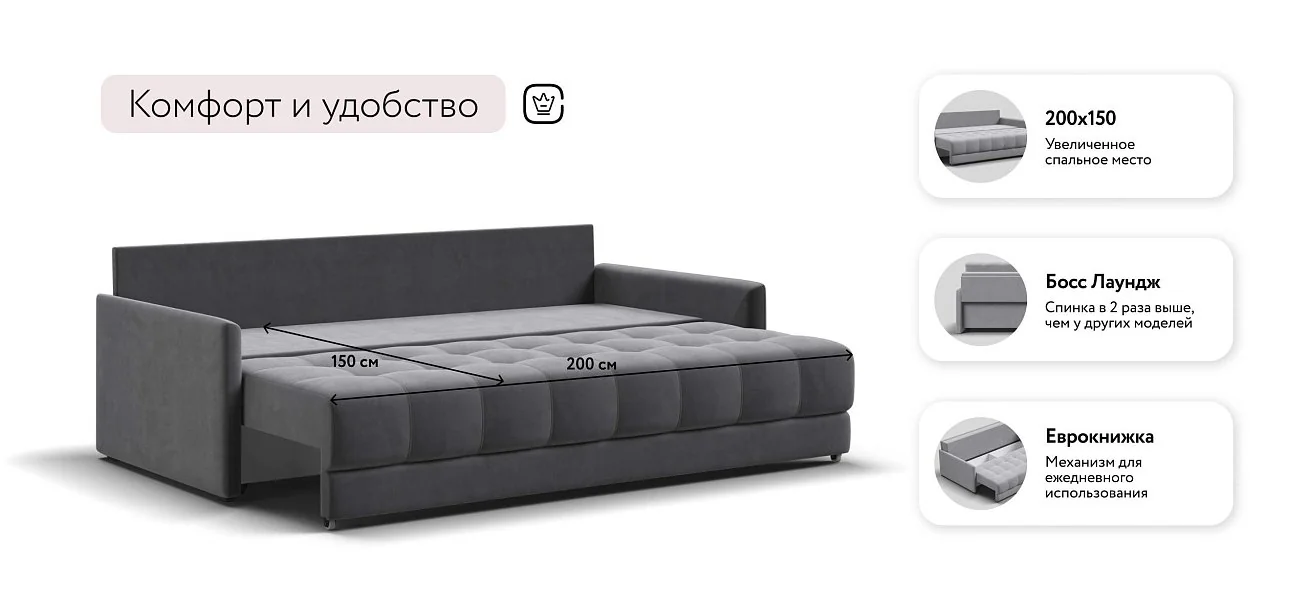 Диван Босс Про Лофт Велюр Монолит серый